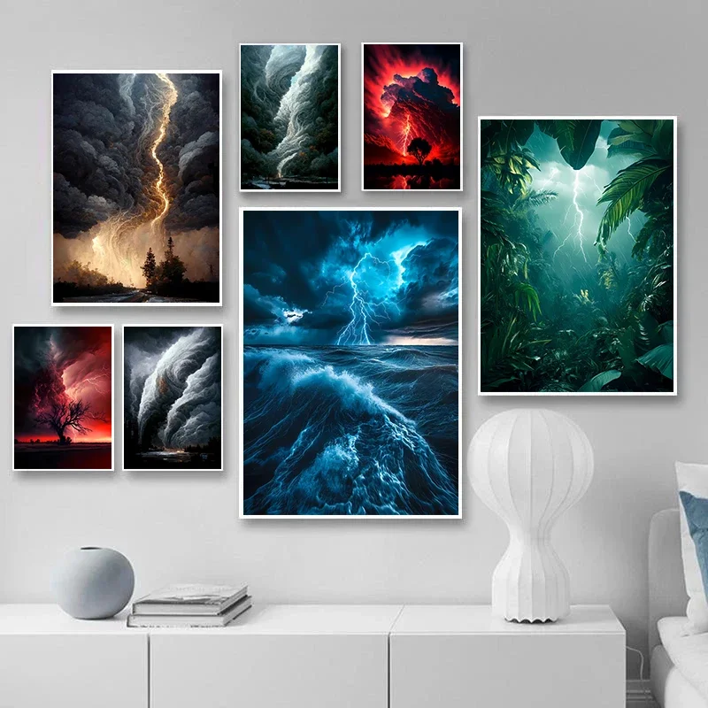 Large-sized 1pc frameless Canvas Painting Natural Disaster Apocalyptic Storm Posters Lightning Over Ocean Prints Canvas Painting