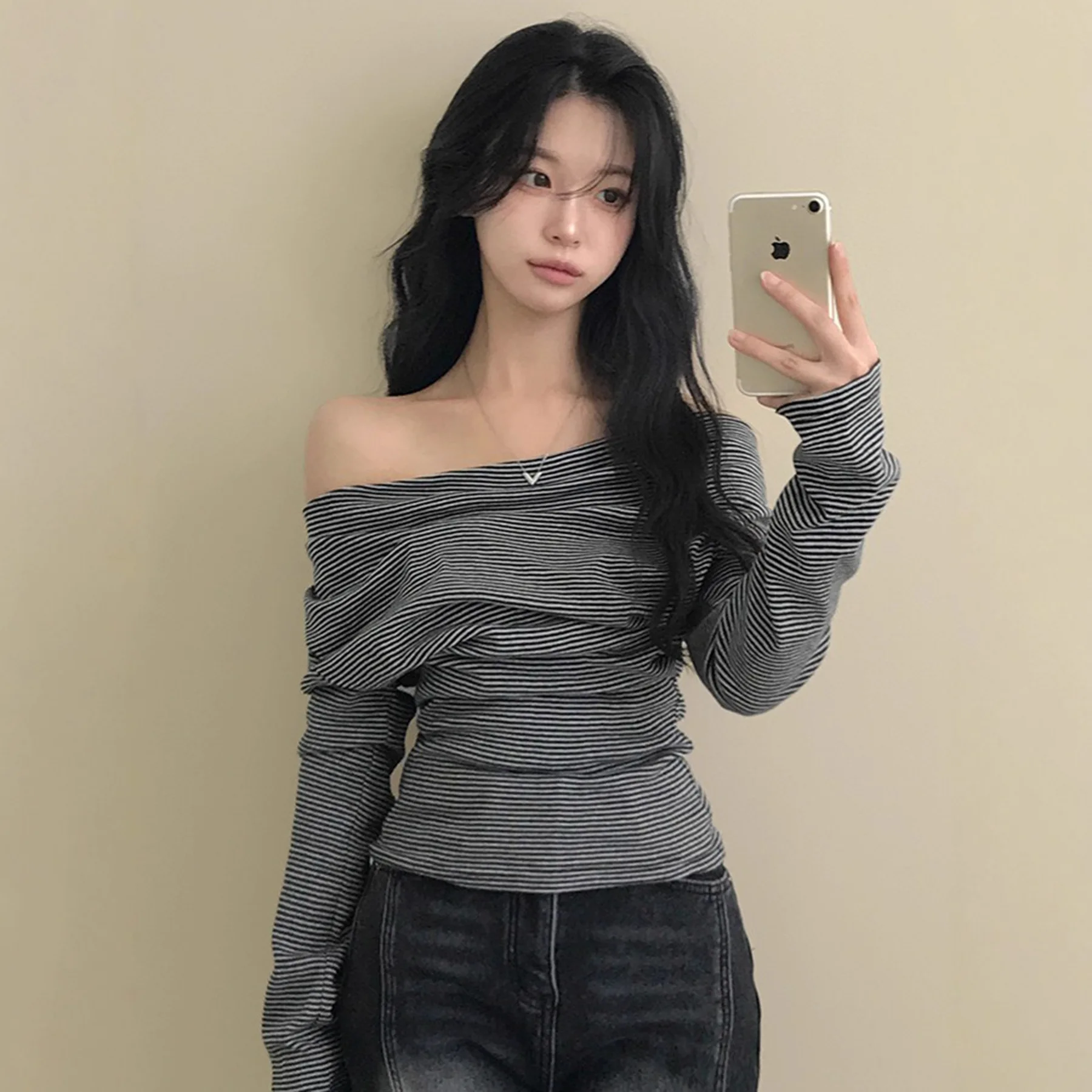 

Осенняя винтажная полосатая футболка с плиссированной талией и длинными рукавами, тонкий повседневный корейский топ для женщин