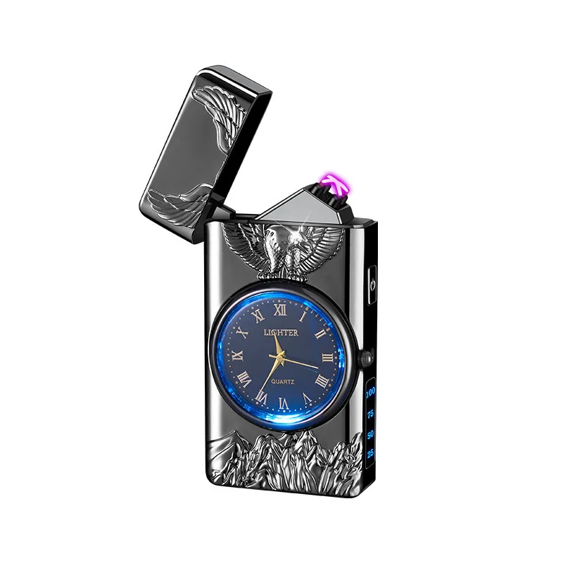 USB Rechargeable Dual Arc Metal Windproof Multifunction Lighter, Eagle Engraved Luminous Dial, LED Lighting Cigarette Lighter