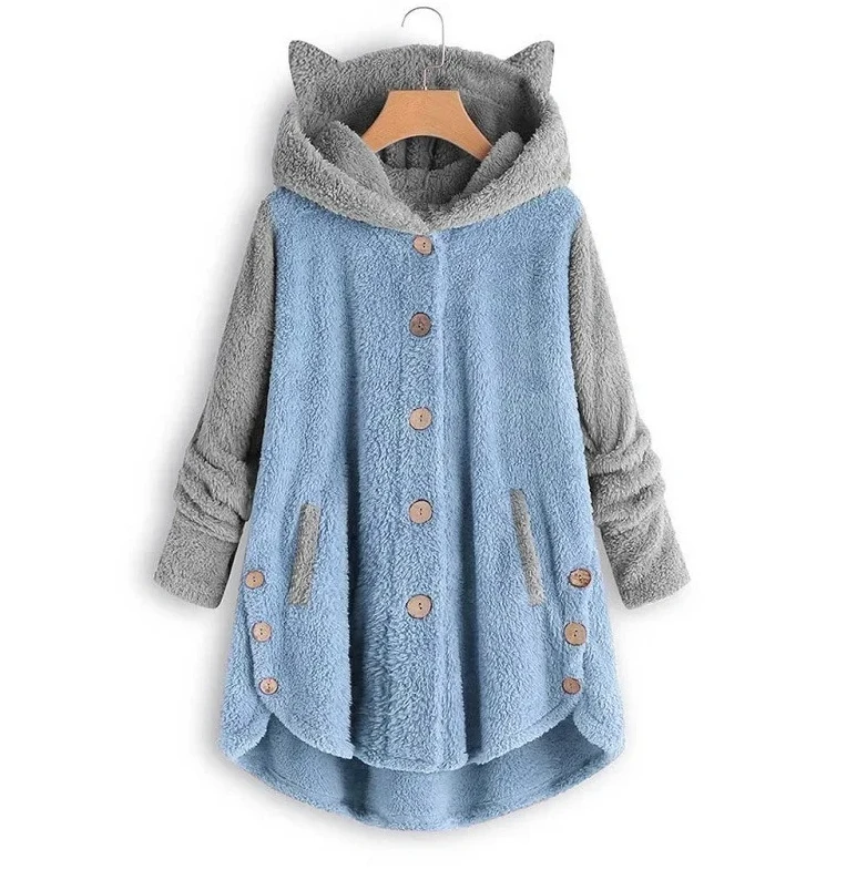 

Теплый флисовый свитшот с капюшоном и принтом кошки, на пуговицах, с карманами, с кошачьими ушками, для женщин