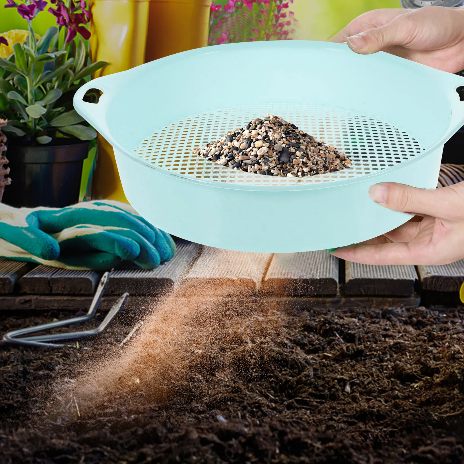 Plastic Garden Sieve Riddle Blue Lightweight Soil Stone Mesh Gardening Tool Handle Easy Operation for Balcony Mini Garden