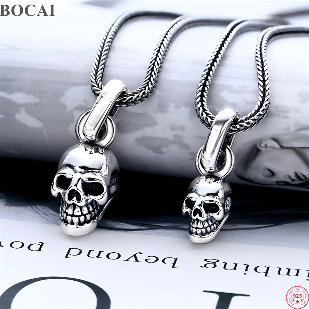 BOCAI NEW S925 Sterling Silver Charms Pendant for Men Women Antique Letter Skull Charm Fashion Punk Fine Choice Jewelry
