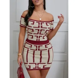 Sexy Bodycon Printed Skirt Two Piece Set For Women One Line Neck Cropped Top And Tight Short Skirts Sets Fashion Streetwear 2023