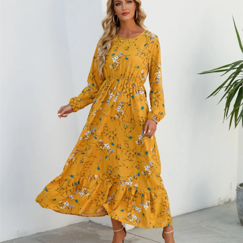 Para Mujer 2026 otoño moda bohemio Vestido grande Swing Vestido Mujer OL ropa estampado Floral cuello redondo Vestido de manga larga