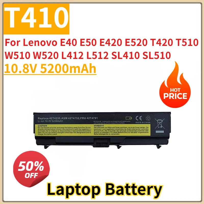 

New Replacement Laptop Battery 10.8V 5200mAh T410 for Lenovo E40 E50 E420 E520 T420 T510 W510 W520 L412 L512 SL410 SL510