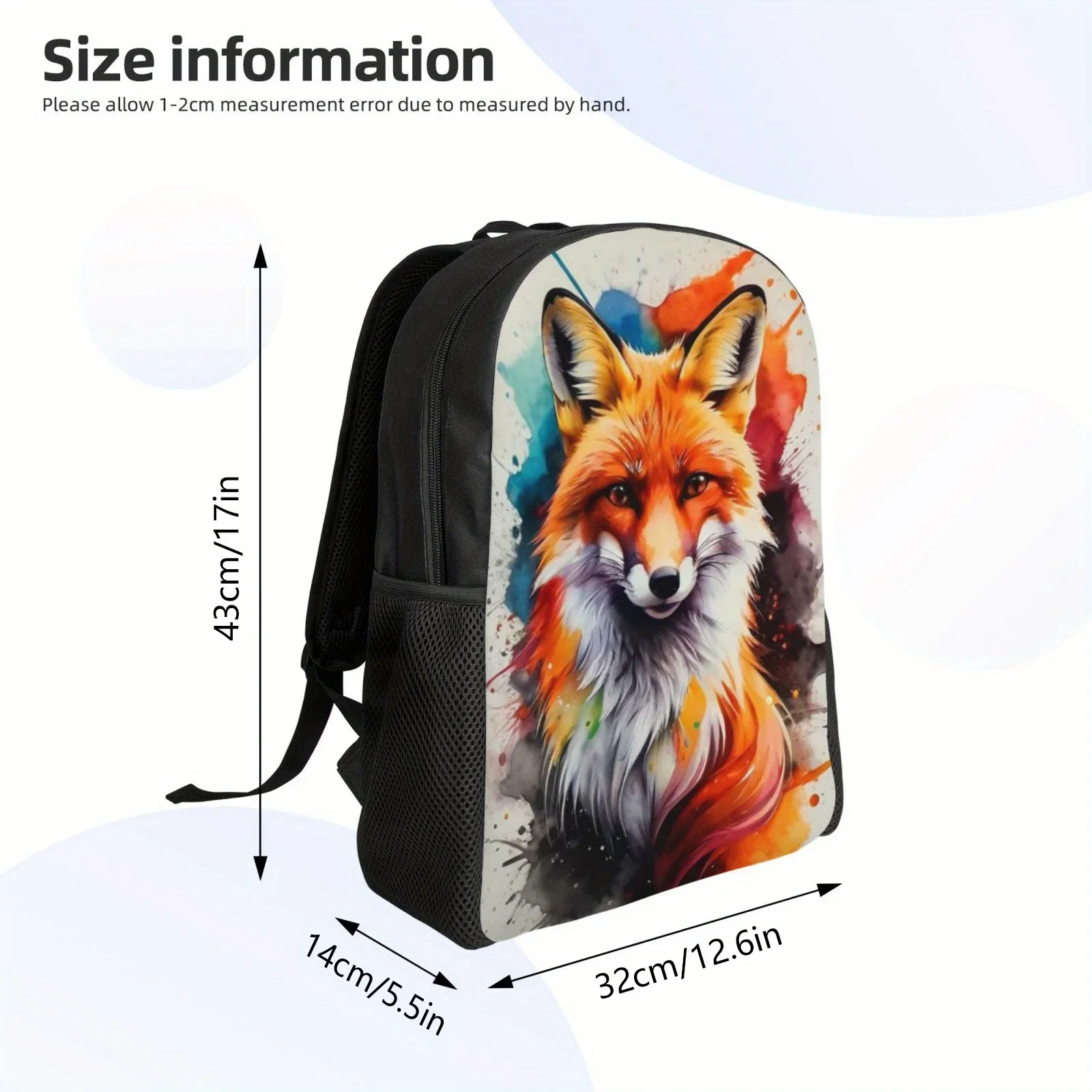 Large Capacity Watercolor Fox Casual Backpack - Lightweight, Adjustable Shoulder Bag with Polyester Lining and Zipper Closure