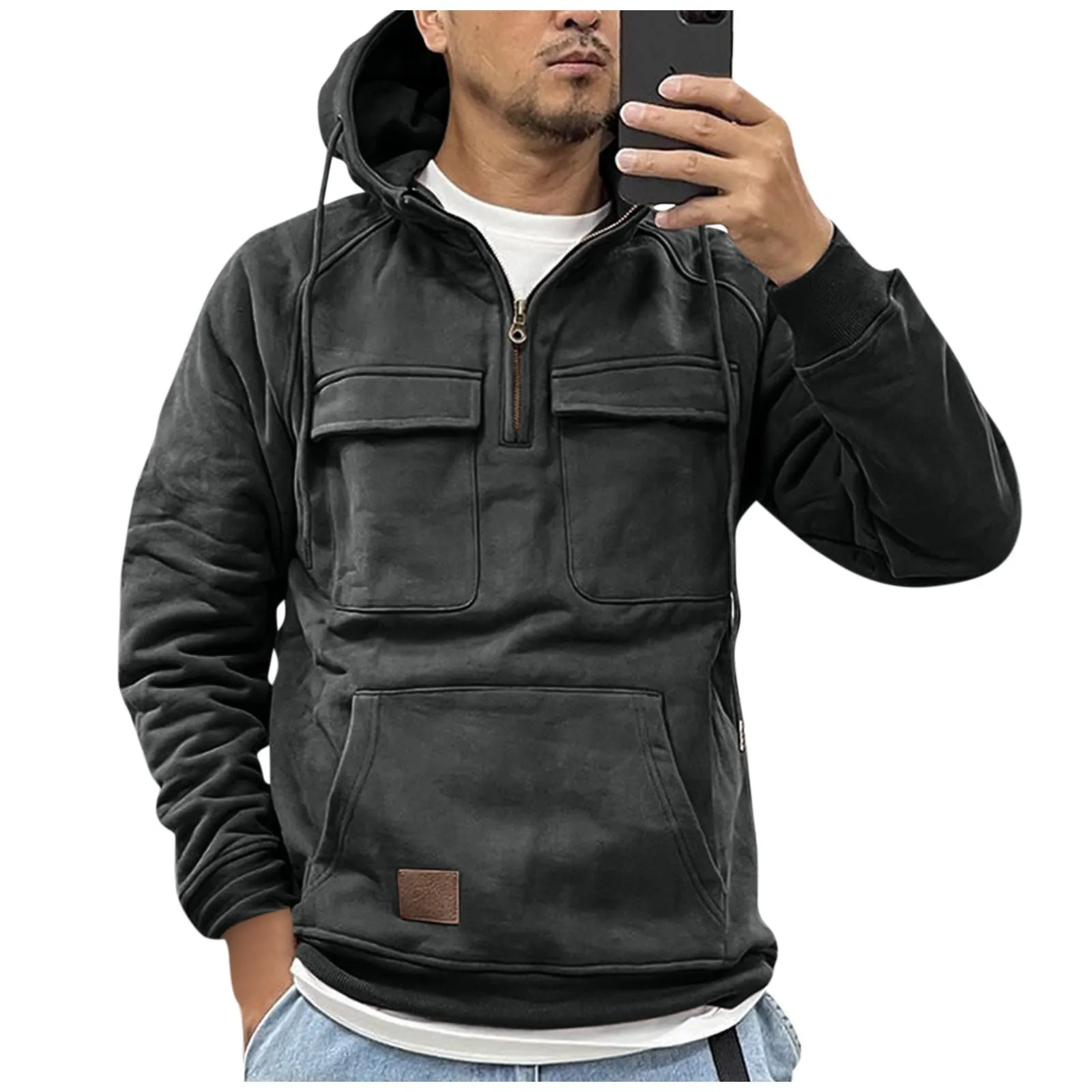 Men\'S Hooded Solid Color Hoodie, Fashionable Youth Sports Multi Pocket Patch Leather Sweater Jacket Sweatshirts For Men Hoodies