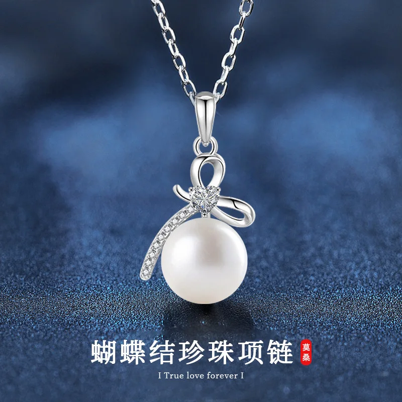 

Серебряное колье S925 с натуральным пресноводным жемчугом для женщин, легкое роскошное украшение с подвеской в виде банта, цепочка на ключицу, серебряные украшения.