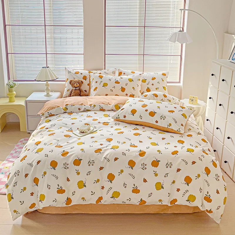 

Cartoon Pumpkin Floral Duvet Cover Chic Shabby Flowers Leaves Bedding Set Cotton Farmhouse Comforter Cover for Thanksgiving Gift