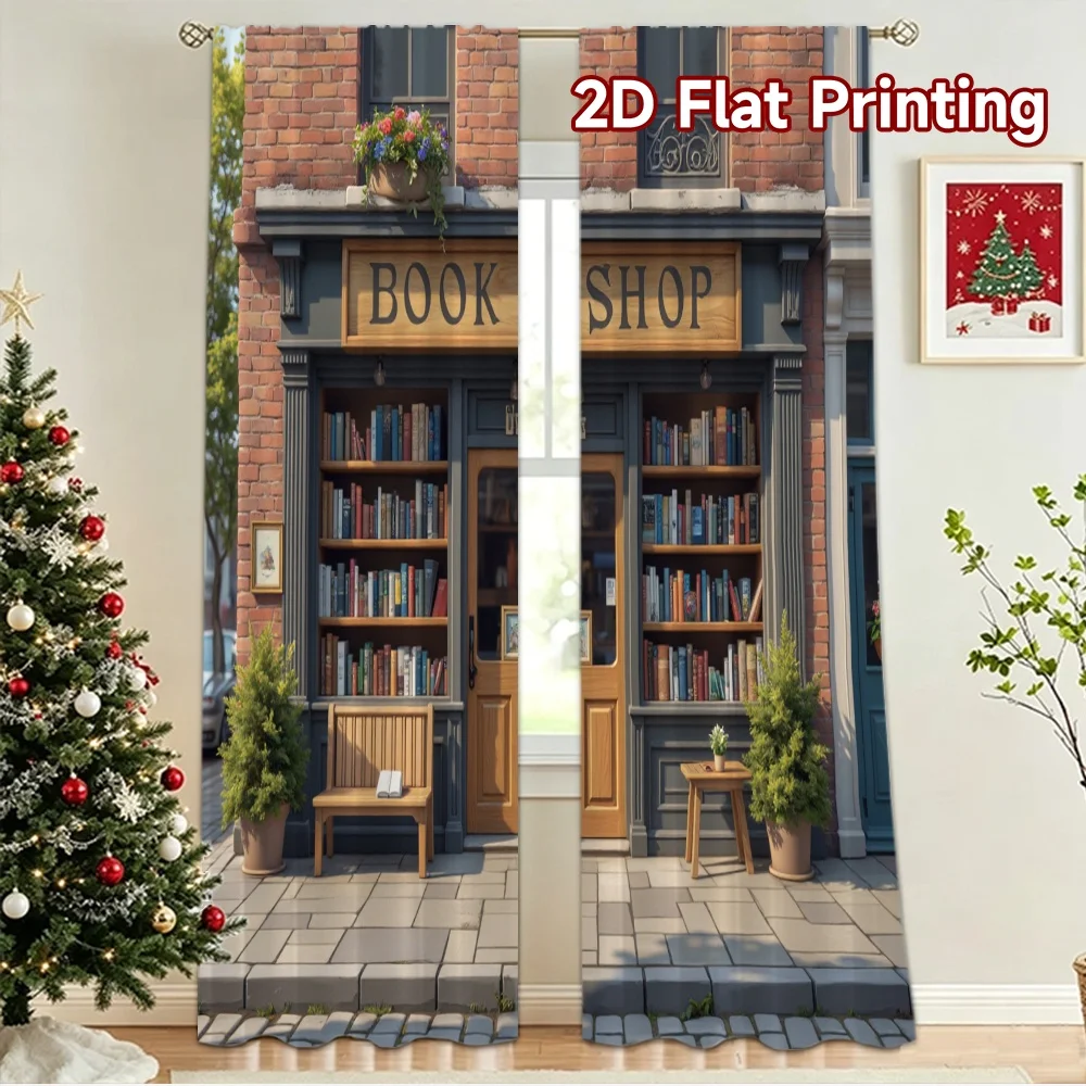 2D flat 2pcs Curtain Vintage drapes and curtains Cozy Book Shop Exterior Digitally printed polyester, colorfast Party