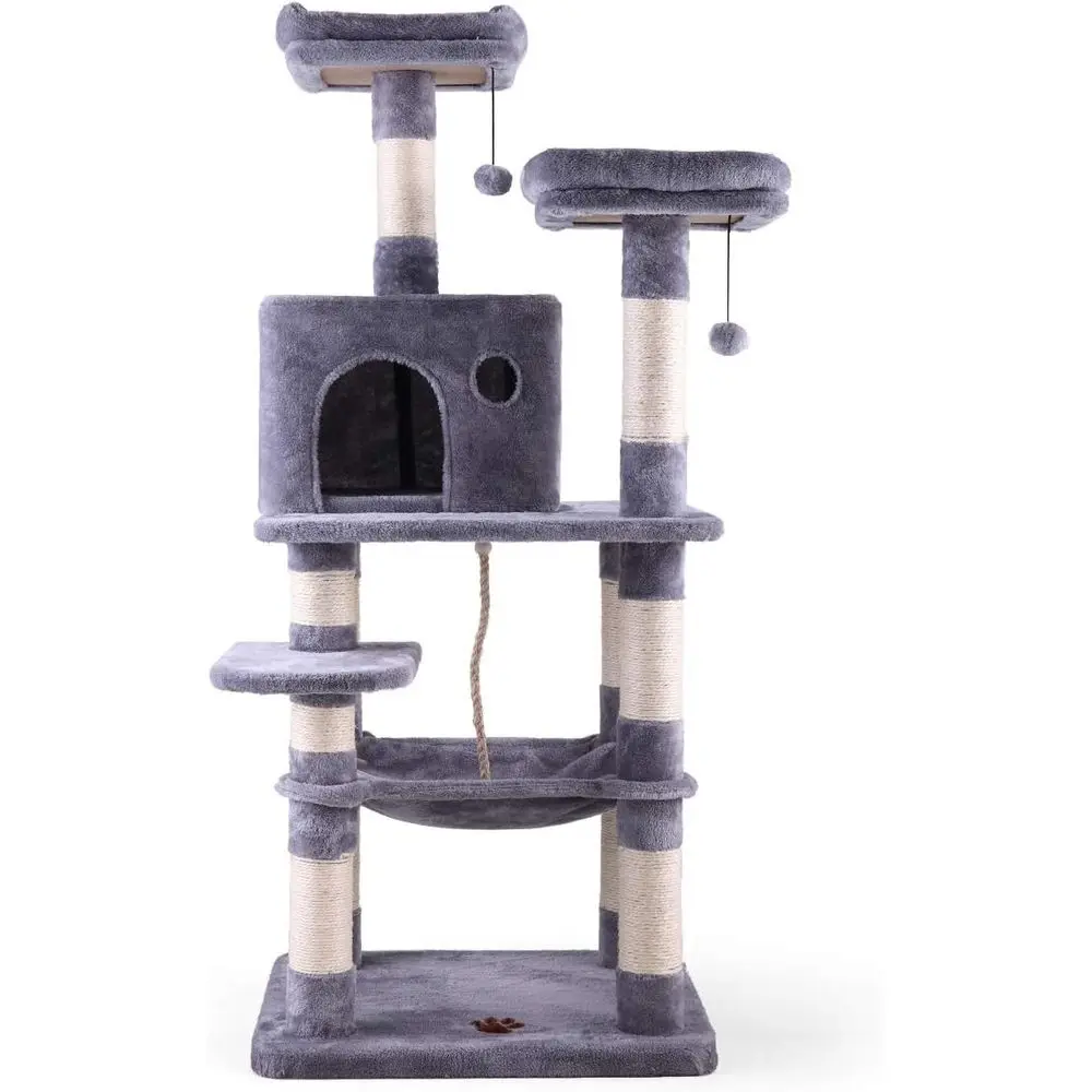 

Многоуровневая лежанка-когтеточка для кошек с гамаком, плюшевыми игрушками и когтеточками-столбиками - светло-серый
