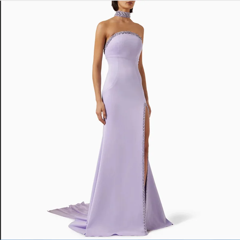 

Элегантное вечернее платье сиреневого цвета с русалкой, индивидуальная накидка с лямкой на шее, без рукавов, с высоким разрезом и кристаллами, платье для выпускного вечера в Саудовской Аравии, вечерние платья