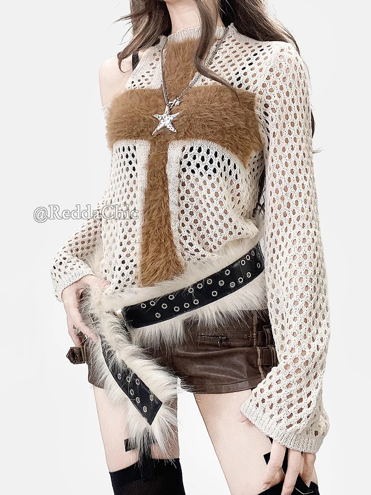 REDDACHiC Fuzzy Cross Off Shoulder Knit Top Long Sleeve Hollow Out Crochet Shrug Pullover Sweater Goth Punk Retro Women Clothes