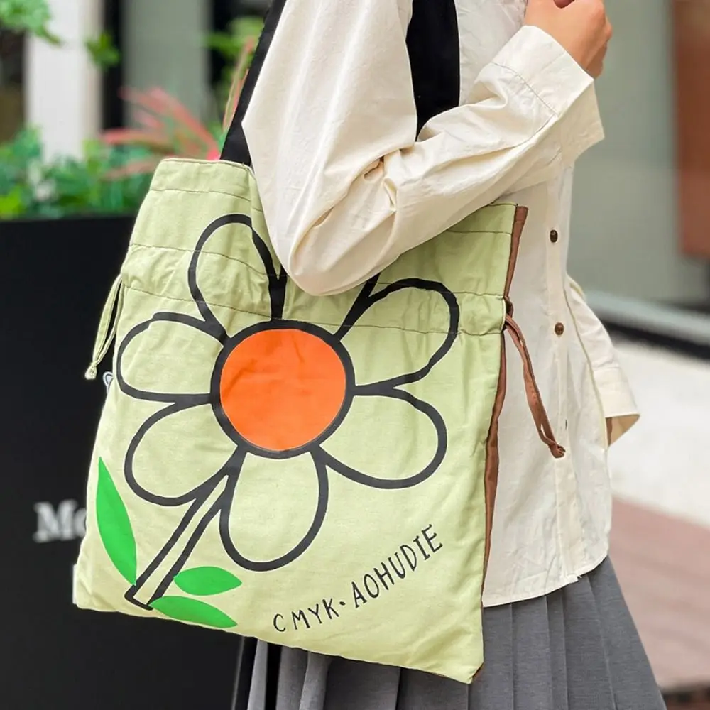 

All-match Korean Style Flower Shoulder Bag Fashion Large Capacity Drawstring Bag Printing Cute Printed Handbag Outdoor