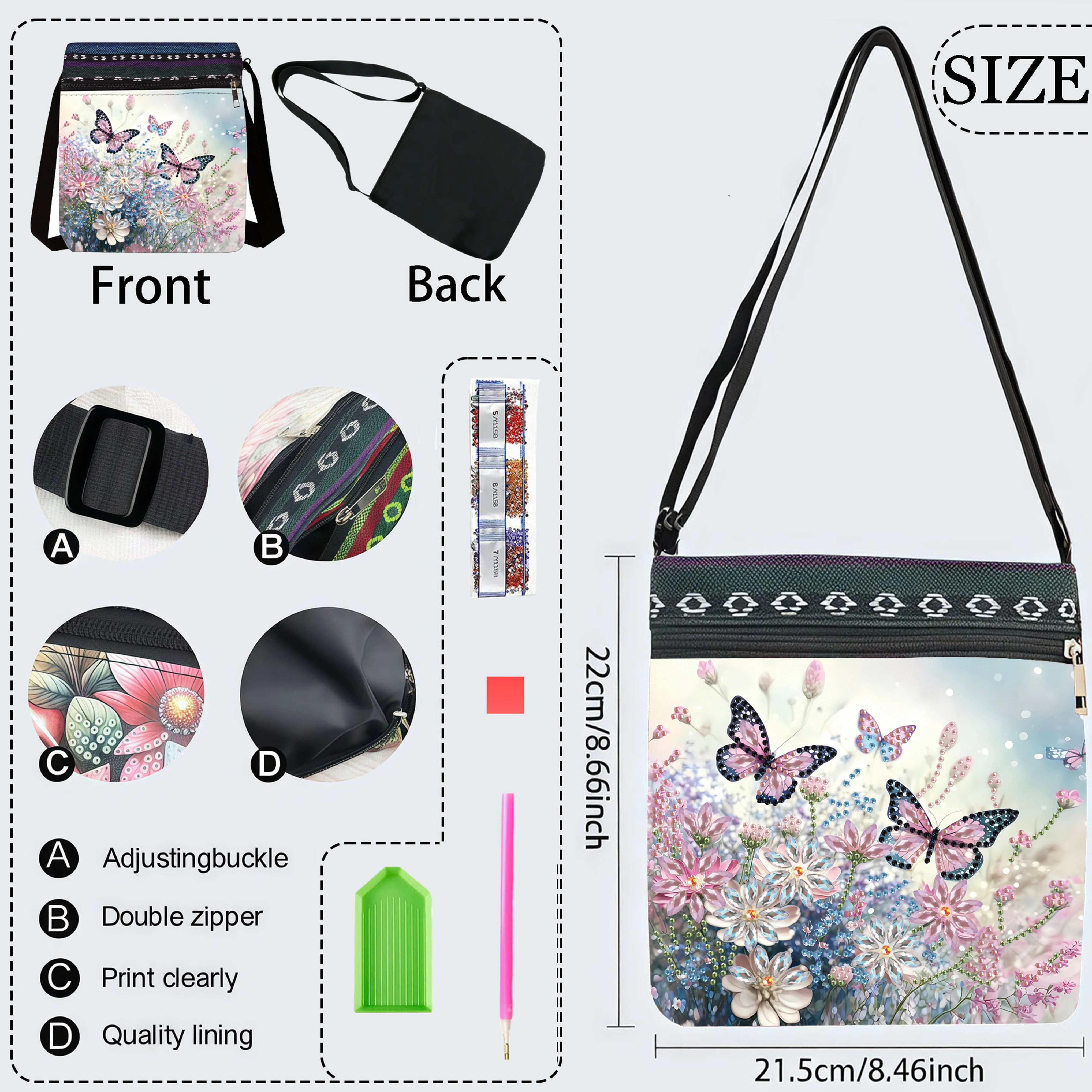 1 Piece Diamond Painting kit, Messenger bag, Butterfly pattern, canvas Material, large capacity, multi-Purpose, holiday gift