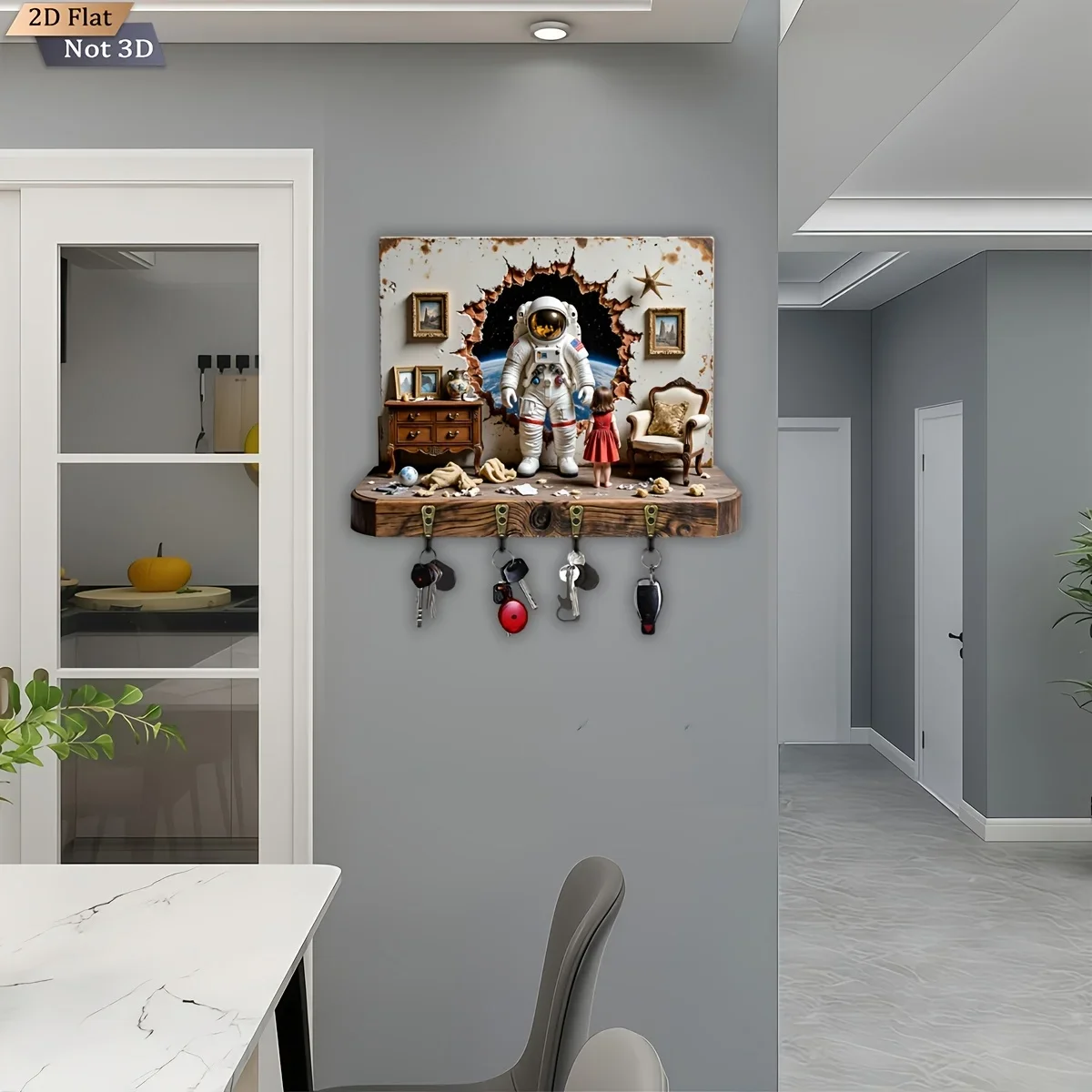 2D Flat, 1pc, Astronaut Theme Key Hook Wooden Multifunctional Home Key Holder with Four Metal Hooks, Wall Decoration, Porch
