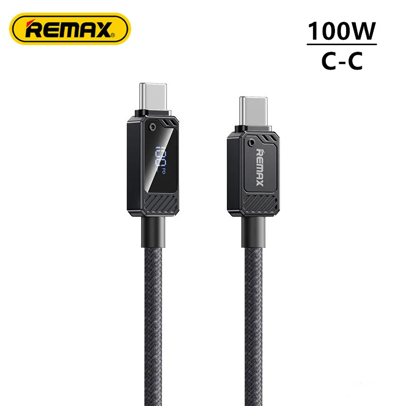 REMAX 100W Zinc Alloy Braided Usb Cable With Smart Digital Display C-C Date Cable Type-C to Type-C PD Fast Charging USB Cable