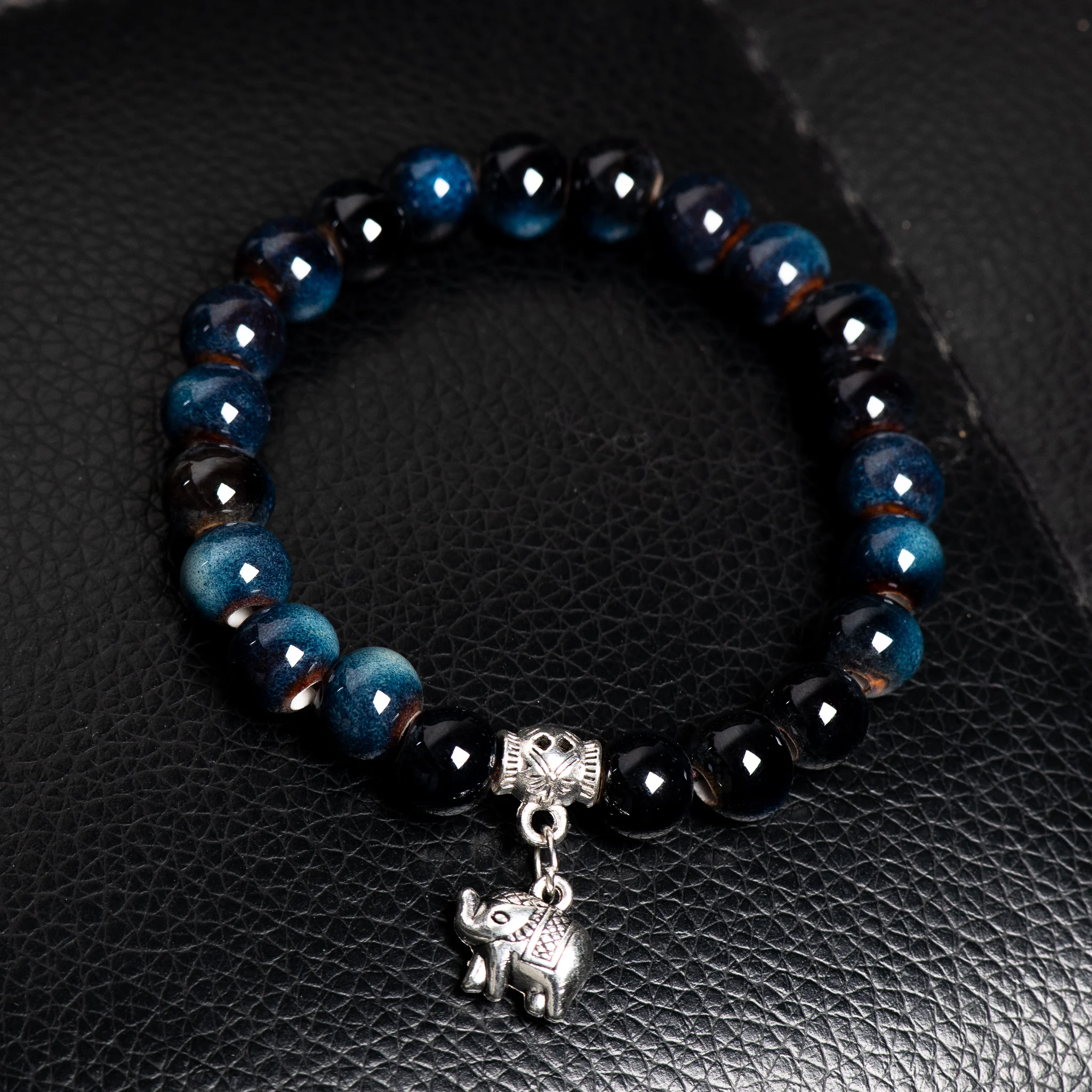 Handmade Ceramic Elephant Bracelet Boho Stretchable Jewelry Unisex Gemstone Blue Beads Two Sizes