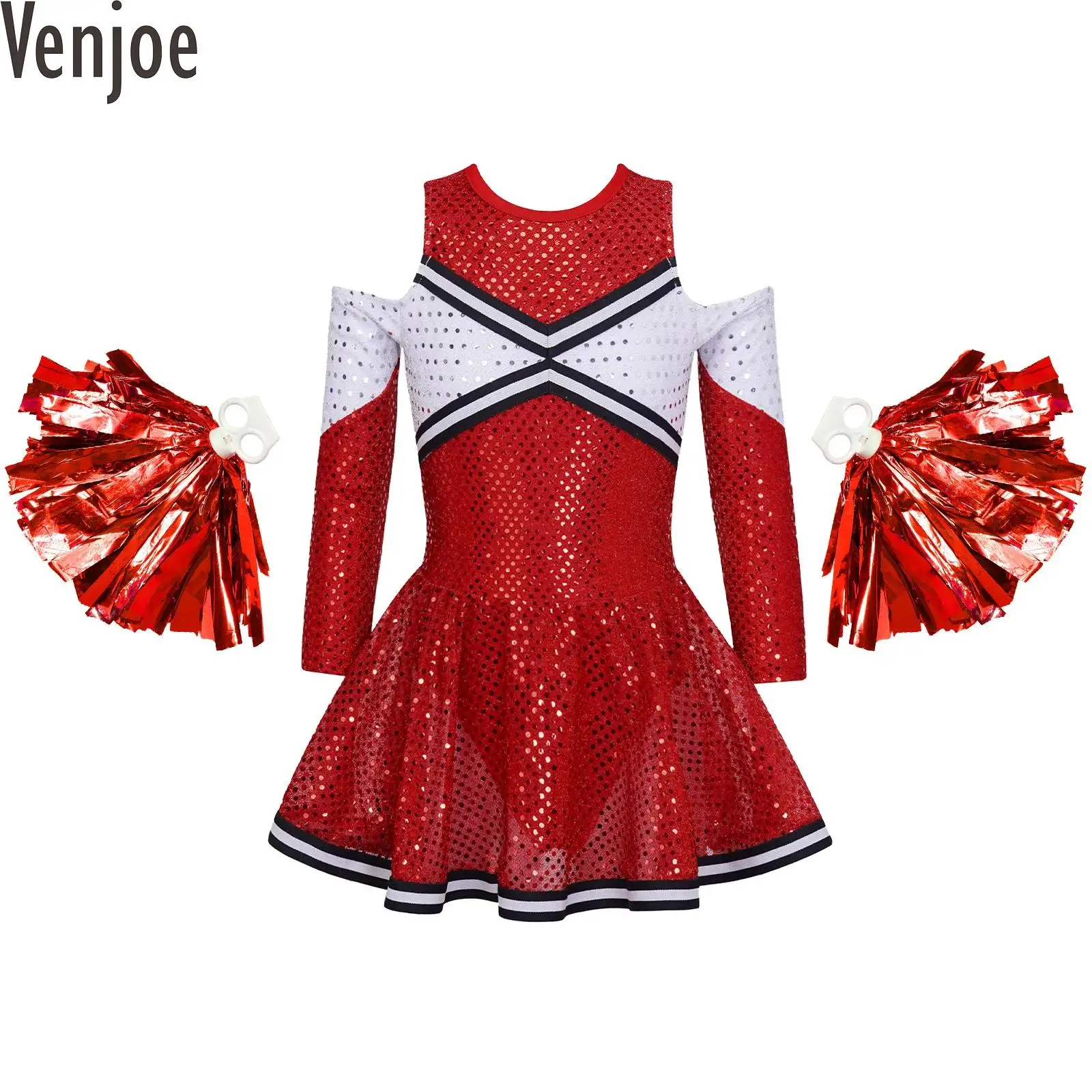 

Kids Girls Long Sleeve Cheerleading Dance Costume Off-shoulder Sequin Dress with Flower Balls Set Cheer Dance Uniform