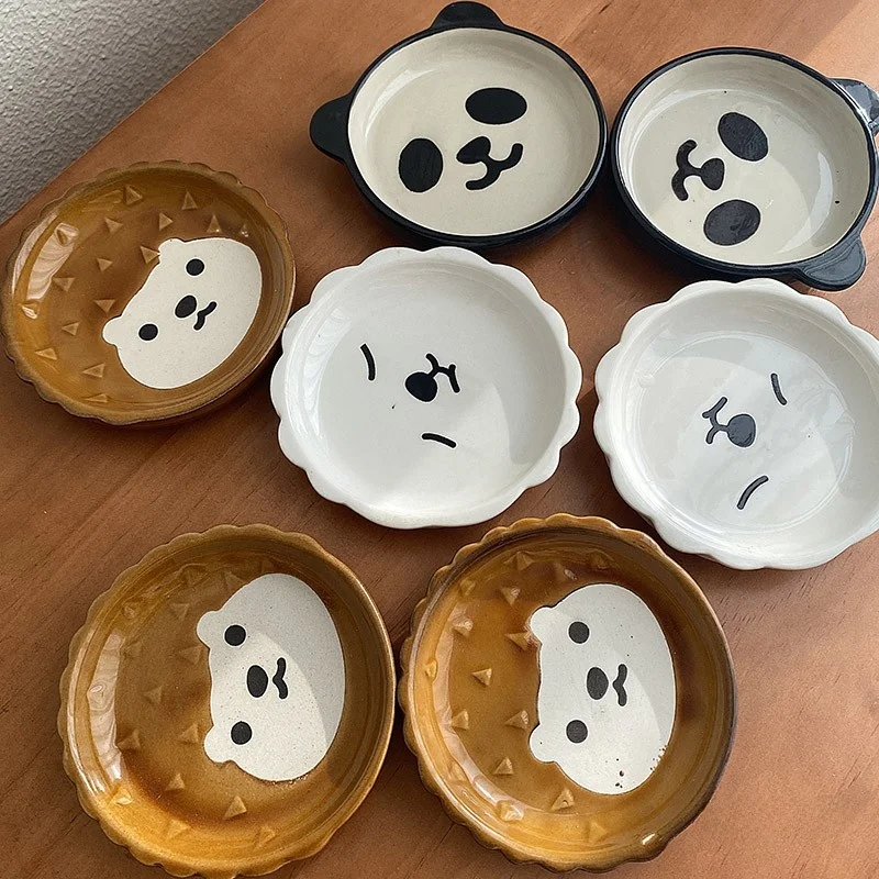 Plato de sopa de cerámica para uso doméstico, estilo japonés de dibujos animados, pequeño, para salsas y vinagres, con imagen de cabeza de animal linda, para ingredientes de hot pot.