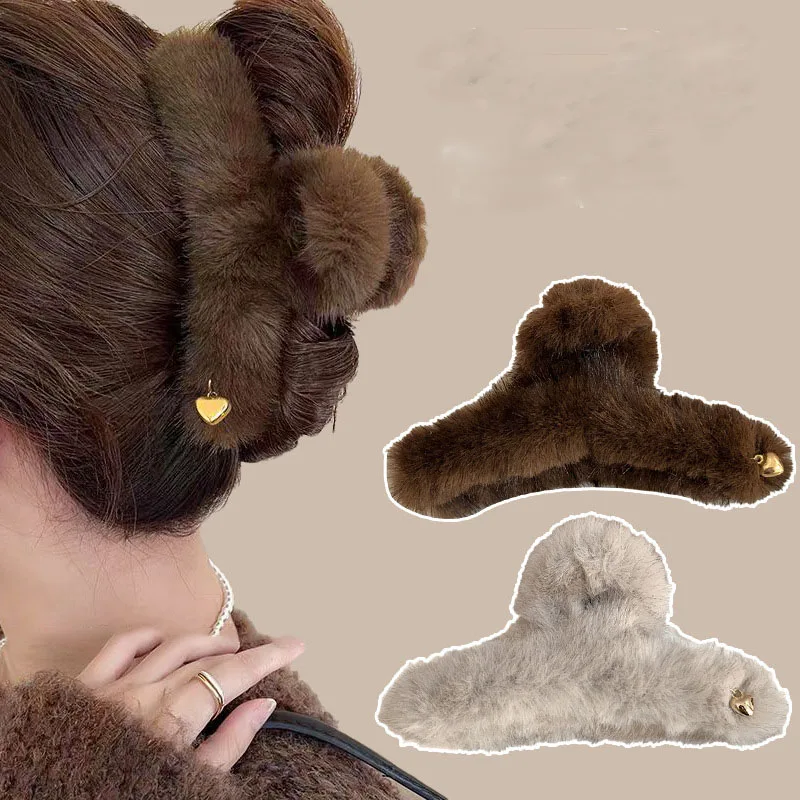 Winter Large Plush Hair Claw Clip For Women Fluffy Hairclip Leopard Furry Crab Hair Clip Girls Faux Fur Barrettes Accessories