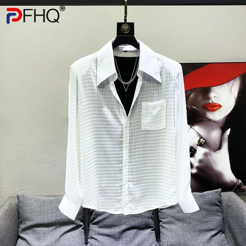 

PFHQ Chic Light Luxury Shirts For Men's Turn-down Collar Long Sleeve Single Breasted Loose Breathable Solid Color Tops 21F3617