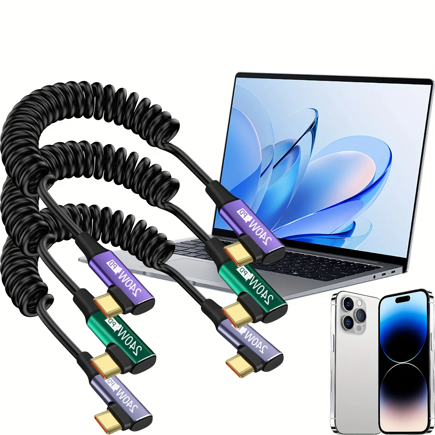 Coiled USB‑C to USB‑C Spring Retractable Charging Cord for Samsung S24 Ultra FE, iPhone 16 15 Pro Max Plus, Pixel 9 8 7 6