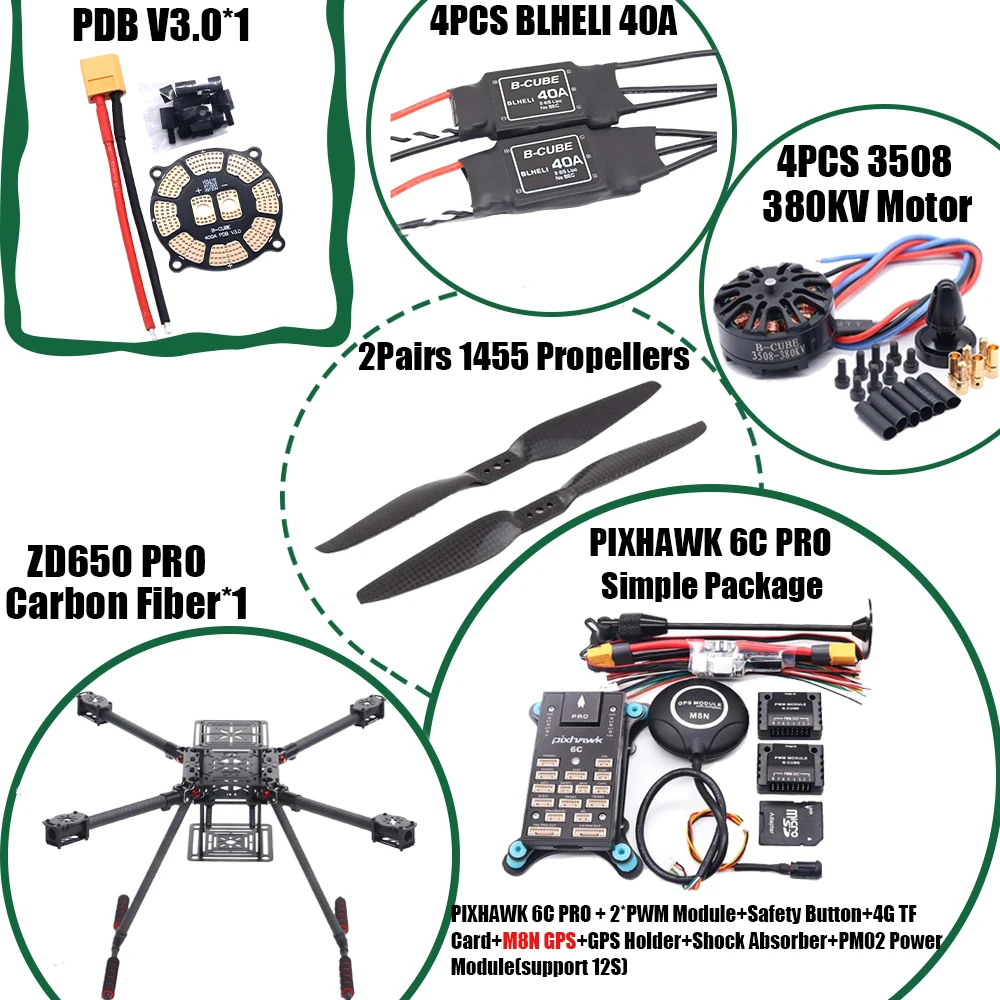 Happy ZD650 PRO 650mm Ardupilot Pixhawk cadre quadrirotor en fibre de carbone FPV Quad avec moteur de dérapage d'atterrissage en Fiber de carbone ESC 40A