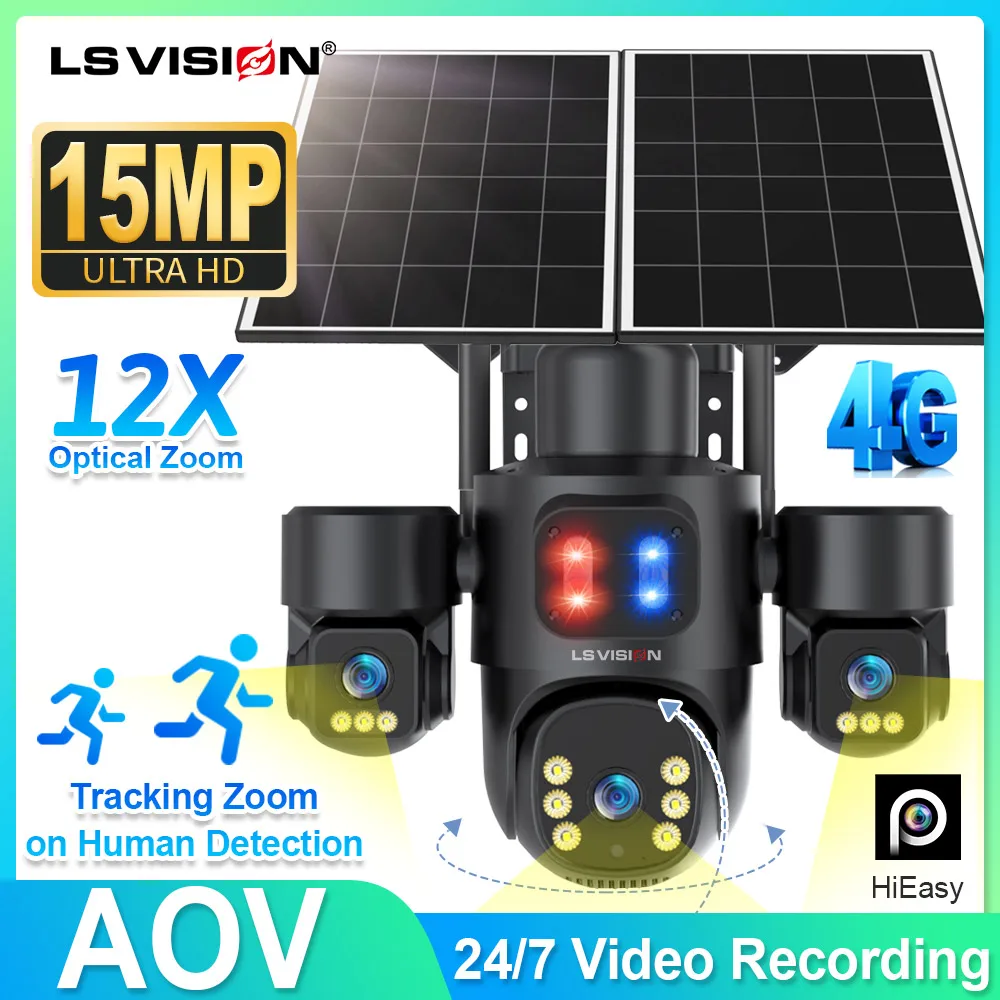 LS VISION 7/24 Recording Outdoor Surveillance Camera Powered Battery 4G 15MP AOV 3 Lens 12X Zoom Home Security Cameras Ai Tack