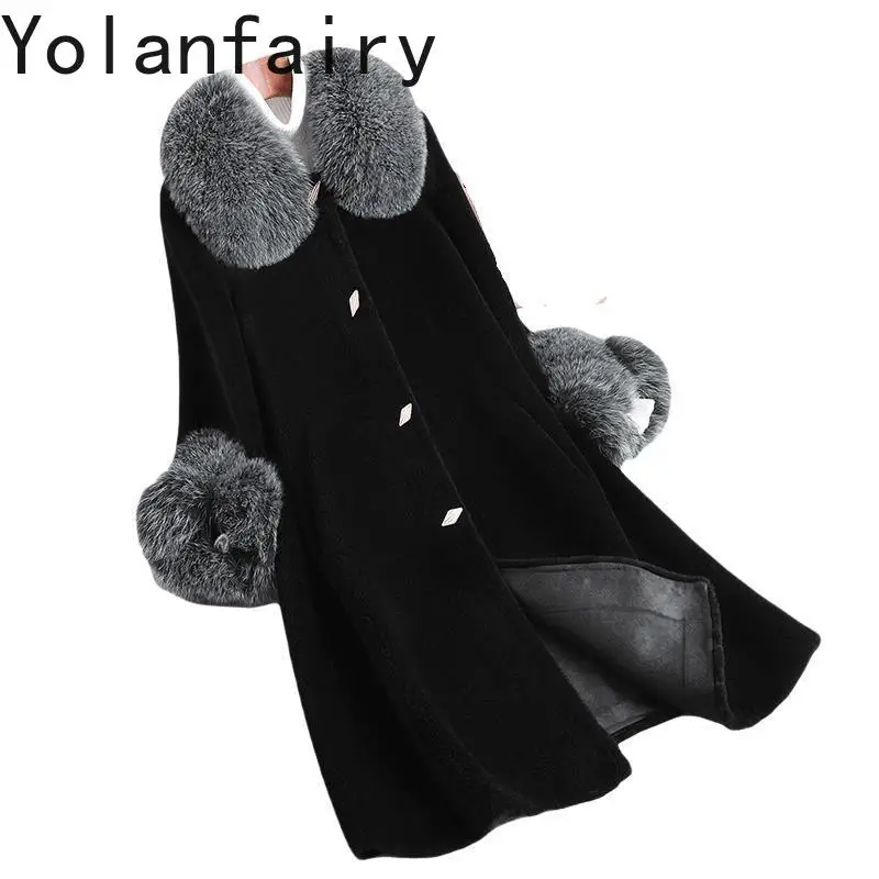 

YOLANFAIRY Granular Sheep Wool 100% Fur Coats Womens Jacket Winter Long Fox Collar Coat Fashion Jaqueta Feminina Inverno