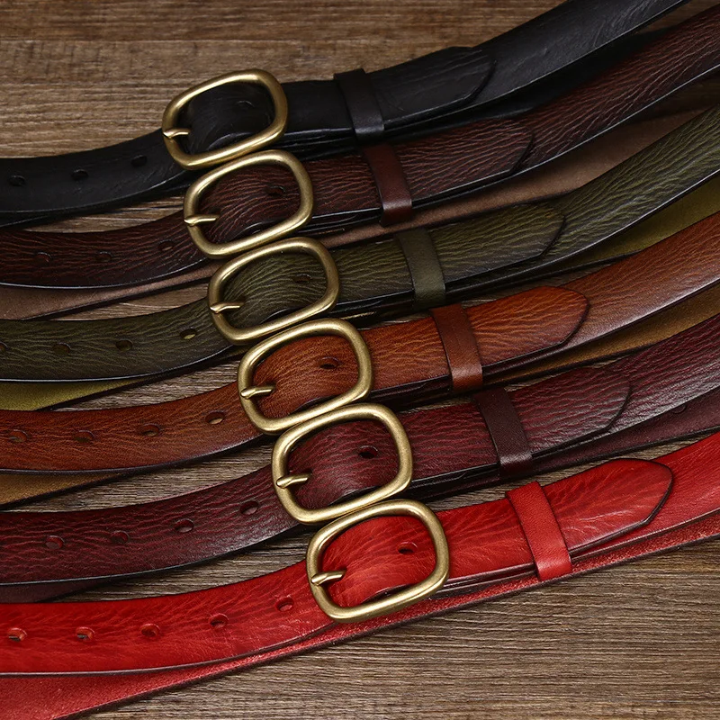 

Vintage Genuine Leather Women's Belt with 2.8cm Width and Retro Copper Buckle