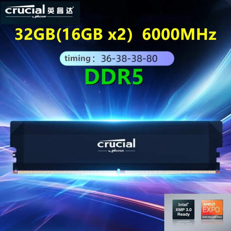 

Комплект Crucial DDR5 Pro RAM 32 ГБ (2x16 ГБ), 6000 МГц, разгонная настольная игровая память, черный