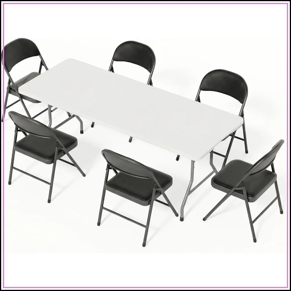 6FT White Plastic Folding Table Set with 6 Black PU Padded Chairs for Parties and Events