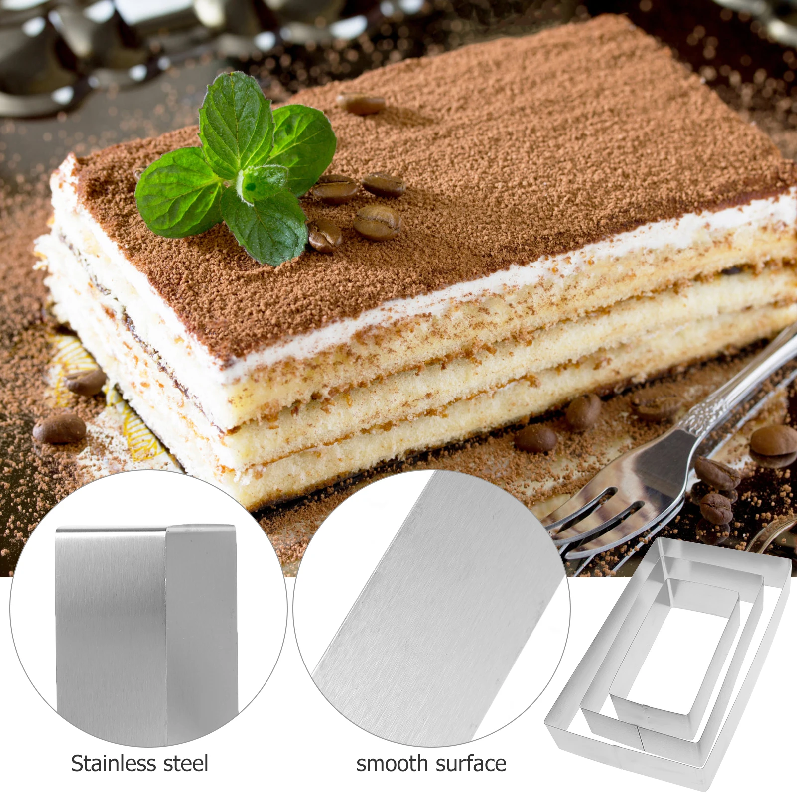 

3pcs Mold Stainless Steel Mousse Mould Baking Molds Reusable Rectangular Pastry Ring Tiramisu Cutter Mousse Mold
