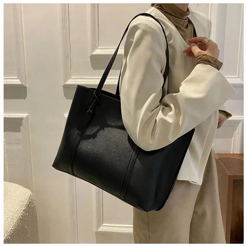 Bolso sencillo de gran capacidad para mujer, bolsa elegante de cuero PU, color sólido, tendencia retro, para ir de compras y de viaje, 2024