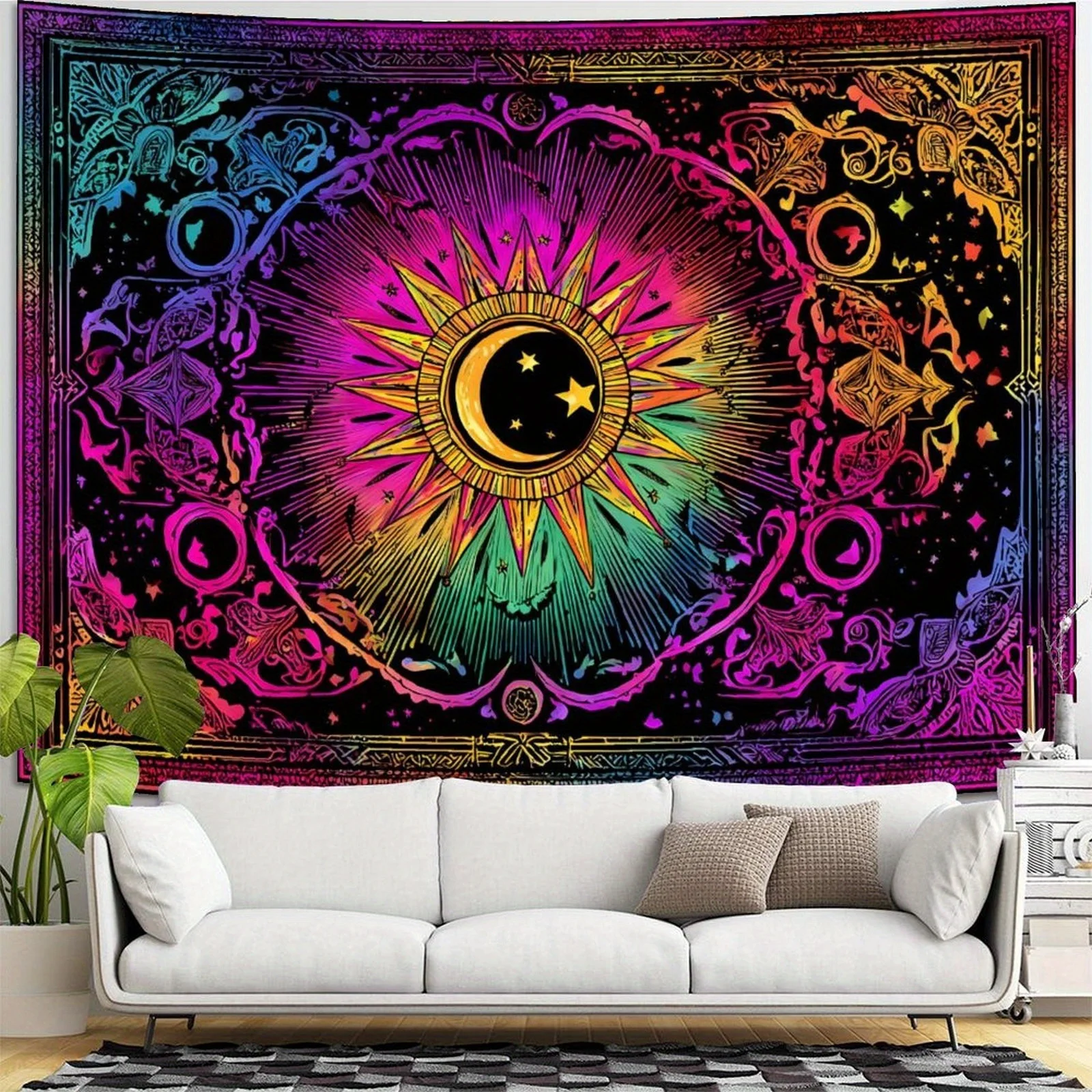 VIKAMA Colorful Psychedelic Sun Mandala Tapestry, Vibrant Spiritual Boho Wall Hanging For Bedroom & Living Room, Dorm Home Decor