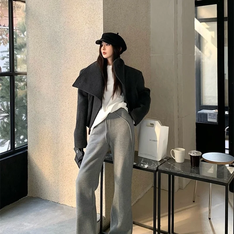 Pantaloni a gamba dritta a vita alta da donna Autunno Inverno Faion Retro High Street Pantaloni lunghi Allungamento delle gambe Body ape