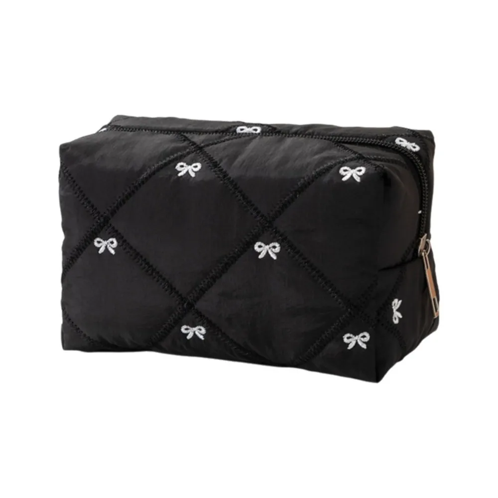 Multifunctional Bow Quilted Makeup Bag Quilted Design Large Capacity Women Wash Pack Bow Decoration Space Saving Coin Purse