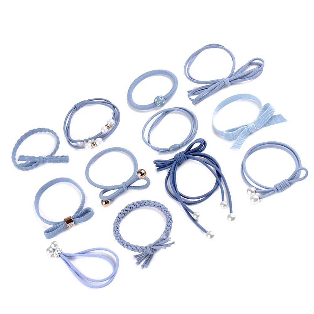 

12pcs Pretty Hair Ties Curly Hair Ponytails Pigtails Holder Elastic Rubber Band in Different Style(Light Blue)