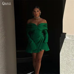 Qanz Green Arabic Homecoming Dresses Satin Women Outfit Wear Long Sleeves Prom Gown Short Party Dress Night Club Customized