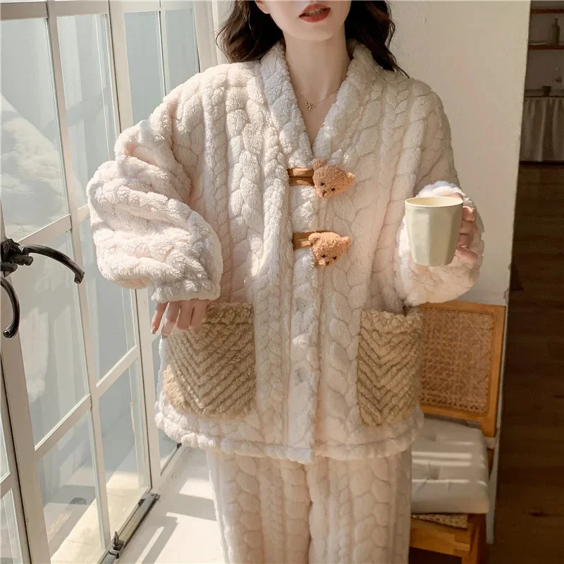 

Little Bear Flannel Sleepwear Women Autumn Winter Coral Velvet Sleepwear 2 Piece Set Thick Velvet Home Clothing Couple Suit New