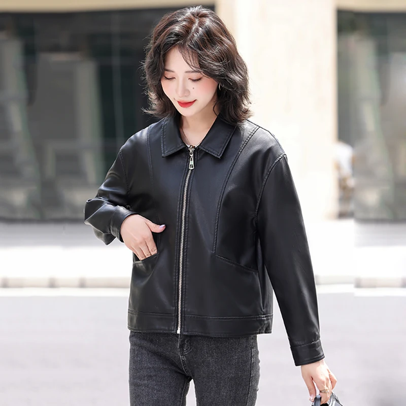 New Women Spring Autumn Biker Leather Jacket Fashion Turn-down Collar Zip-up Loose Black Jacket Casual Short Coat Split Leather