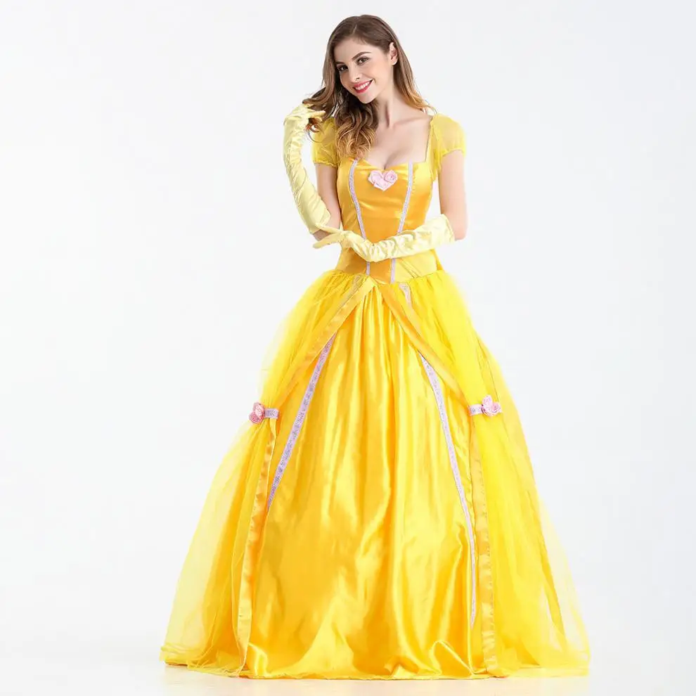 Vestido de princesa de Halloween/Navidad, vestido amarillo, disfraz de actuación viene con lazo grande desmontable y guantes en la espalda