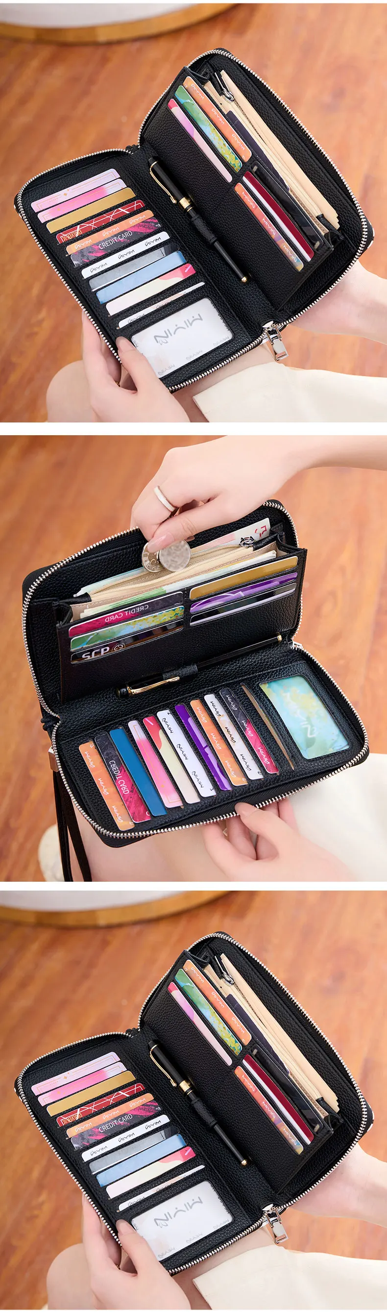 MIYIN Damen-Geldbörse mit RFID-Schutz, Hochwertige PU-Leder-Reißverschluss-Geldbörse, Große Kapazität, Lange Geldbörse, Kreditkarten-Clutch, Handgelenktasche – Detail 5