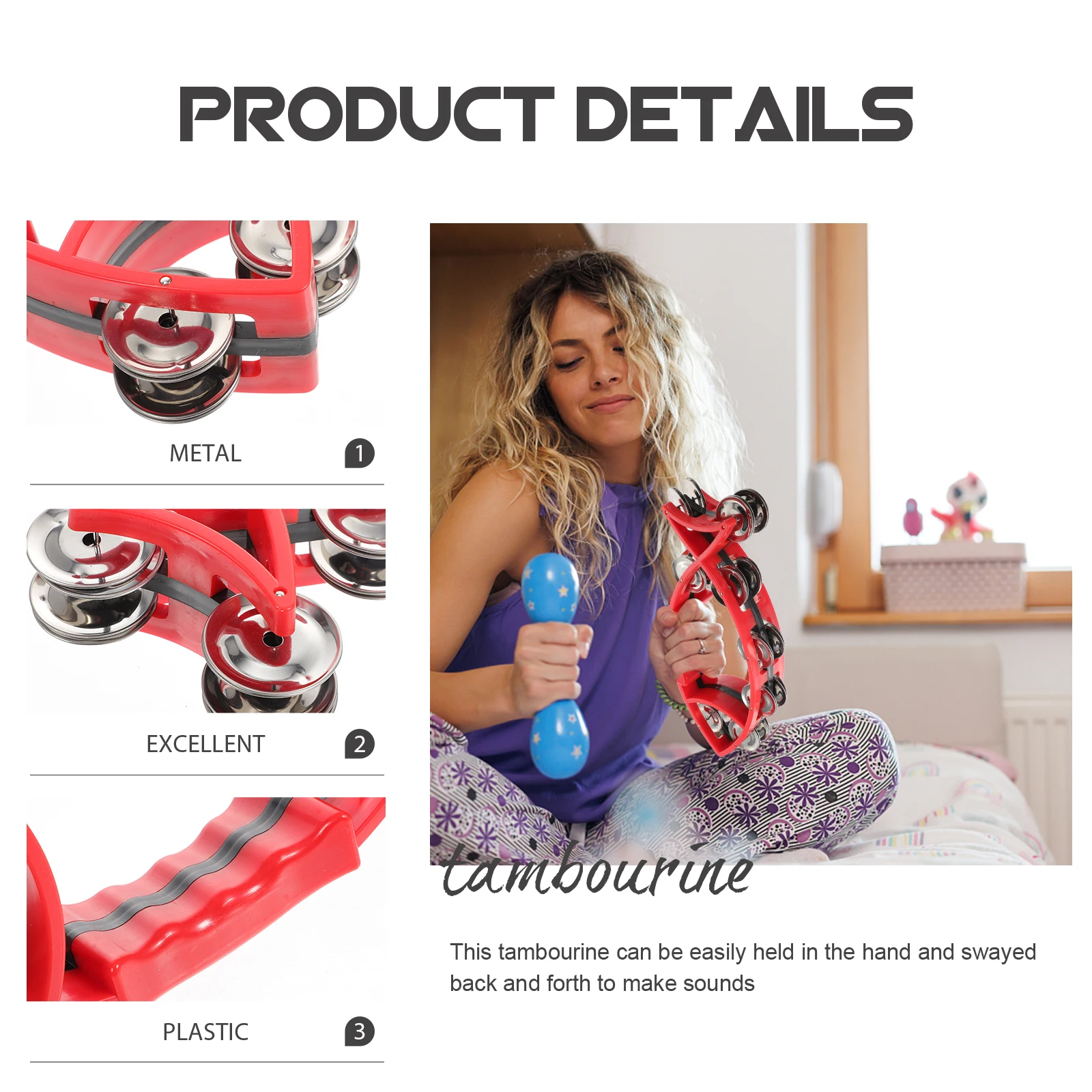 Handheld Tambourine Kids Musical Instruments Red Percussion Toy Toddler Portable Party Funny Drum Bells Handheld Bells