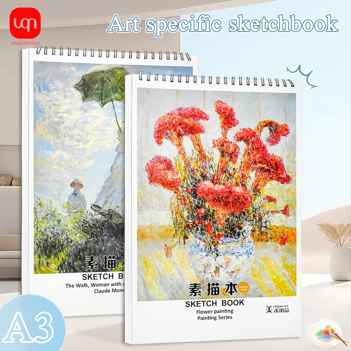 

WQN-1pc A3 Art Professional Sketchbook Watercolor Notebook for Kids and Beginners with Spiral Painting Book School Art Supplies