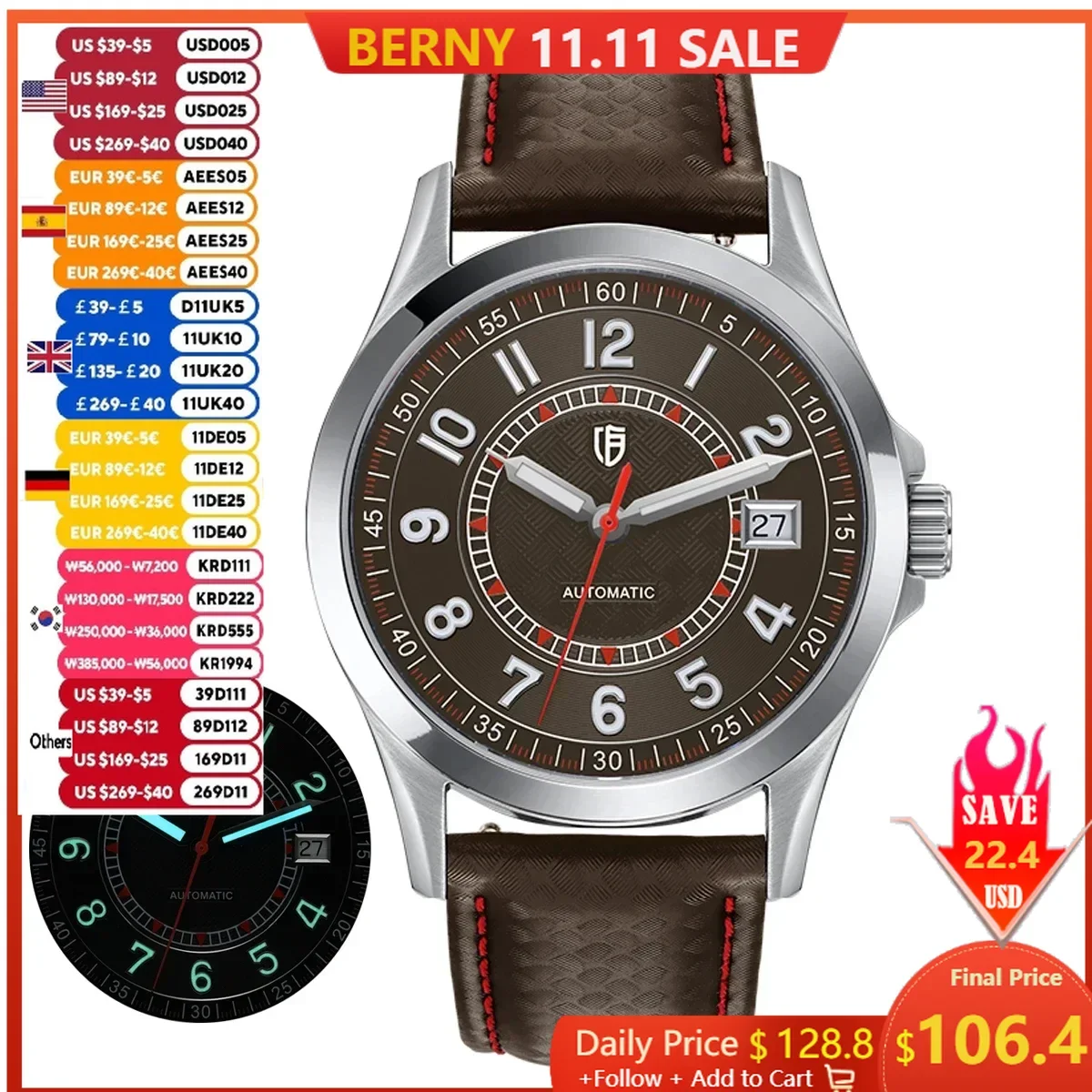 

BERNY Men's Watches Super Luminous Mechanical Automatic Men Watch PT5000 ST2130 10ATM Calendar Sapphire Wristwatch Easy Read