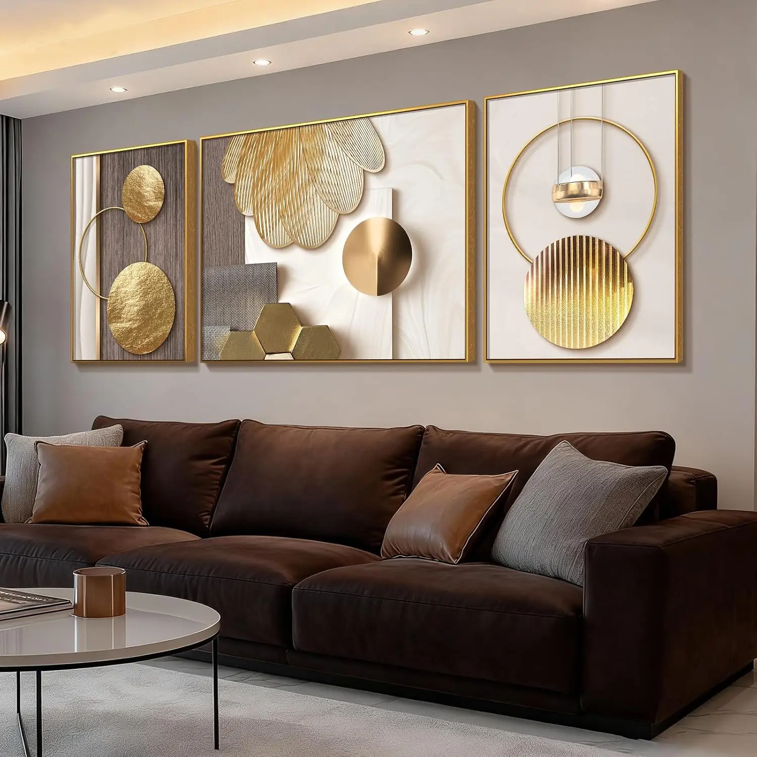 Large Framed Modern Rose Gold Wall Art 3 Pieces Aluminum Alloy Abstract Gold Beige Geometric Crystal Porcelain Artwork 55W 20H T