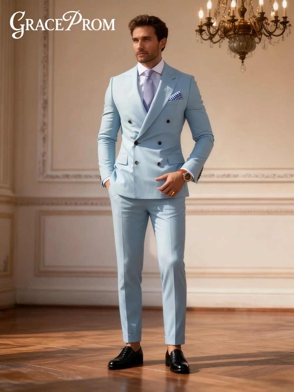 

Formal Double-Breasted Men's Suit Set For Wedding Classic Sky-Blue Business 2PCS Men's Suit Set Including Jacket Pants Customize