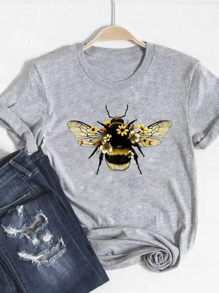 Tee Basic Clothing Women Clothes Print T Shirt Bee Flower Floral Trend Summer Top Fashion Short Sleeve Graphic T-shirt